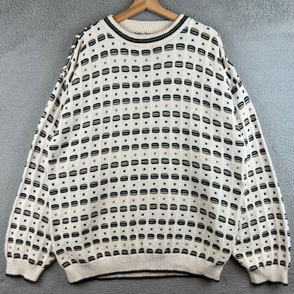Vintage Textured Knit Geometric Crewneck Sweater Mens Cream Green Brown Pattern - Picture 1 of 8